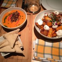 smoked dip with pita and patatas bravas at Rasoterra in Barcelona