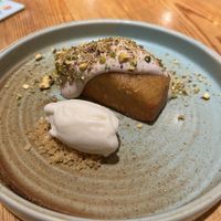 Sponge cake, strawberry cream, vanilla ice cream and pistachios  at Rasoterra in Barcelona