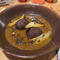 ‘Meat balls’ potato’s in a brown sauce! Amazing   at Rasoterra in Barcelona