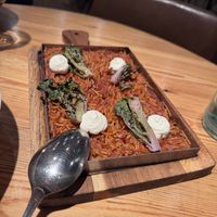  FIDEUÀ of wholegrain noodles, kalettes and garlic sprout veganese at Rasoterra in Barcelona