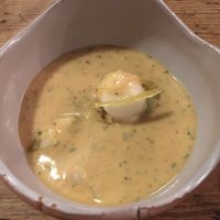 First dessert: peach ceviche with yuzu ice cream and tiger’s milk at Rasoterra in Barcelona