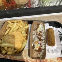 Fries with hot onion sauce, frikandel speciale and seaweed croquette  at Pepas Vegan Frituur in Leuven