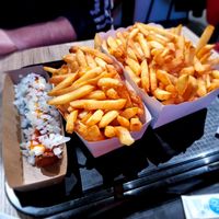 Fries small and large and frikandel special at Pepas Vegan Frituur in Leuven