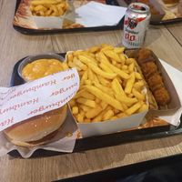 Joppiesaus groor, Bicky fishburger, groot pak friet, viandel, grizzly at Pepas Vegan Frituur in Leuven