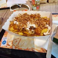 "Medium loaded fries" with mayo, stoofvlees, meat and fried onion at Pepas Vegan Frituur in Leuven