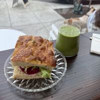 Beetroot and Hummus Sandwich & Cold Matcha Lattée  at Orange & Blossom Patisserie in Portland