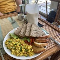 Tried to upload the video of the mango sticky rice but that won’t work. This is the scrambled tofu and the tahini drink!  at Cambodhi in Kampot
