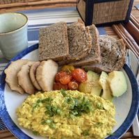 The hearty breakfast, which includes creamy coconuty tofu scramble - worth a try!   at Cambodhi in Kampot