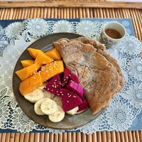 Crepes with delicious palm sugar syrupp  at Cambodhi in Kampot