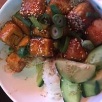 Part eaten tofu teriyaki bowl  at Harajuku Gyoza South Bank in South Brisbane