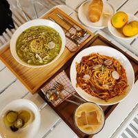 Basil cream pasta, tomato pasta, salt bread, latte  at Green Bliss in Jeju