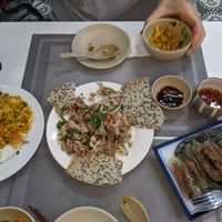 Fried rice, jackfruit, hue cake (left to right) at An Nhi Chay in Hue