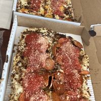 Vegan SPO (sausage, pepper, onion) and fauxnivore (aka vegan meat lover pizza)  at Underground Pizza in Towson