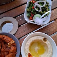 Baladi salad, muhammara and hummus at Egyptian Nights in Cairo