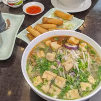 Spicy Noodle Soup (large, vegetarian meat), vegetable spring rolls, Vietnamese noodle soup (small, vegetarian meat) at Aobaba in Dublin