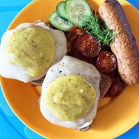 Bodhisattva's Breakfast: vegan "fried eggs", crusty fried bread with sauce + beans in tomato sauce, house-made seitan sausage, cucumber, fried cherry tomato. Special, Nov. 18-19th at Internet Cafe in Yerevan