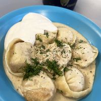 Vegan dumplings stuffed with plant "meat", in vegan broth and vegan sour cream, it was OMG!!! at Internet Cafe in Yerevan