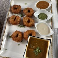 Lentil doughnuts with sauces   at Veganapati in Lisbon