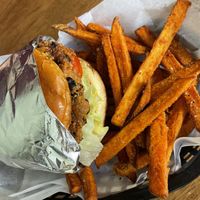 Vegan burger and sweet potato fries   at Elevated Eats - The Joint in Durango