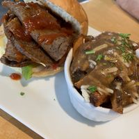 BBQ seitan sandwich with poutine.  at Ancient Cedars Cafe in Tobermory