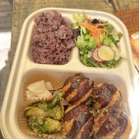  Veg katsu bento box, with side salad, pickled daikon, and daily vegetable side dish (this day they had brussels sprouts) at ACRE in Brooklyn