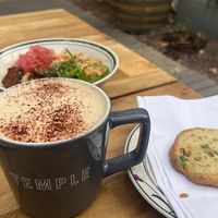 Cookie + coffee + tempeh bowl, inside a temple mug apparently haha at Immortal Cafe & Supply in Sacramento