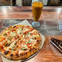Hawaiian pizza, black forest cake, Thai iced tea at Vegan Pizza in Garden Grove
