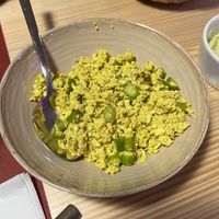 Tofu mexido com espargos - Scramble tofu with asparagus (typical Portuguese entree)  at SHANTI - Cantina Vegan in Marinha Grande