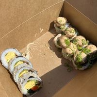 breakfast roll and scallop roll (already ate some before pic sorry lol)  at Vegan Mirai in San Diego