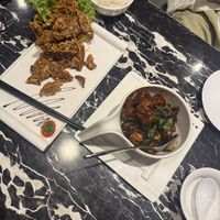 Marmite fried lotus root and Taiwanese 3 cup mushroomm  at LVC Vege Restaurant - 创意林镇藩料理坊 in Malacca