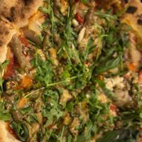 Fully vegan pizza with roasted vegetables add vegan cheese. DELICIOUS!!!  at Bartali Pizza Co in Girona