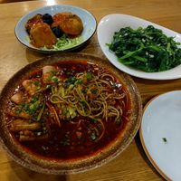 Mock meat with two veg dishes at Bean Kitchen Vegetarian Restaurant in Chengdu