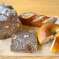 Walnut and fig sourdough, Bagel and Laugenstange  at Thomas' Bakeshop Boutique in Mallorca