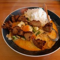 Vegan Seitan skewers with curry sauce at Dr. Wok in Jena