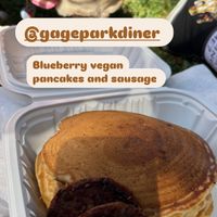 Pancakes blueberry’ and vegan sausage   at Gage Park Diner in Hamilton