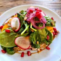 Roasted wild thyme butternut pumpkin on creamy tahini and cashew yoghurt,
pomegranate emulsion & roquette at Olivers Restaurant in Otago