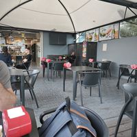 Outside seating at Pastelaria + Sabor in Porto Santo