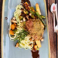 Seitan steak with pasta  at Die Weinstube Nachhaltig Geniessen in Zeltingen