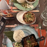 Tamarind spicy aubergine with tofu & teriyaki stir fry with vegan bites (mains) + soya noodles (side)  at Banana Tree in Bath