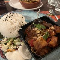 Tamarind spicy aubergine with tofu + soya noodles   at Banana Tree in Bath