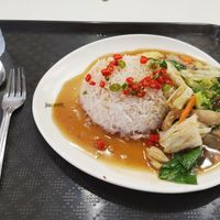 Rice with veggies and soy sauce with chillies at Kran Boom Modern Thai in Bangkok