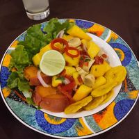 Mango ceviche with sweet potatoe, mushrooms and banana at La Casona Restaurant in Puno