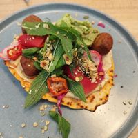 Vegan sweet potato flatbread with falafel at Cafe Mocha in Bateau Bay