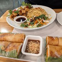 Shaking Tofu in the background (with good garlicky noodles) and Spring Rolls in the foreground. at Asian Bowl in Milpitas
