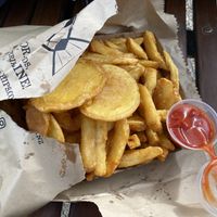 Hand cut chips and potato fritters  at Erik's Fish & Chips in Queenstown