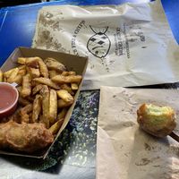 Hand cut chips, spring roll and fried kiwi fruit - all amazing   at Erik's Fish & Chips in Queenstown