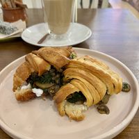 croissant with spinach, mushrooms and vegan cream cheese + latte (oat) macchiato  at Natury in Barcelona