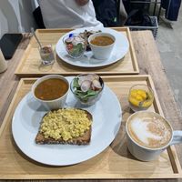 Vegan egg set, oat milk latte and mushroom hummus set   at The Kind  in Kyoto