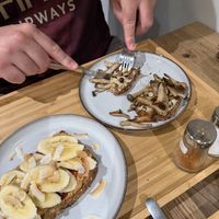 Freshly grounded PB, jam and banana, and mushrooms and hummus   at The Kind  in Kyoto