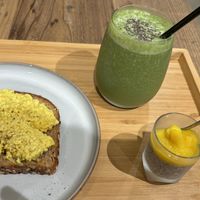“Egg” on toast with a chia pudding and green smoothie   at The Kind  in Kyoto